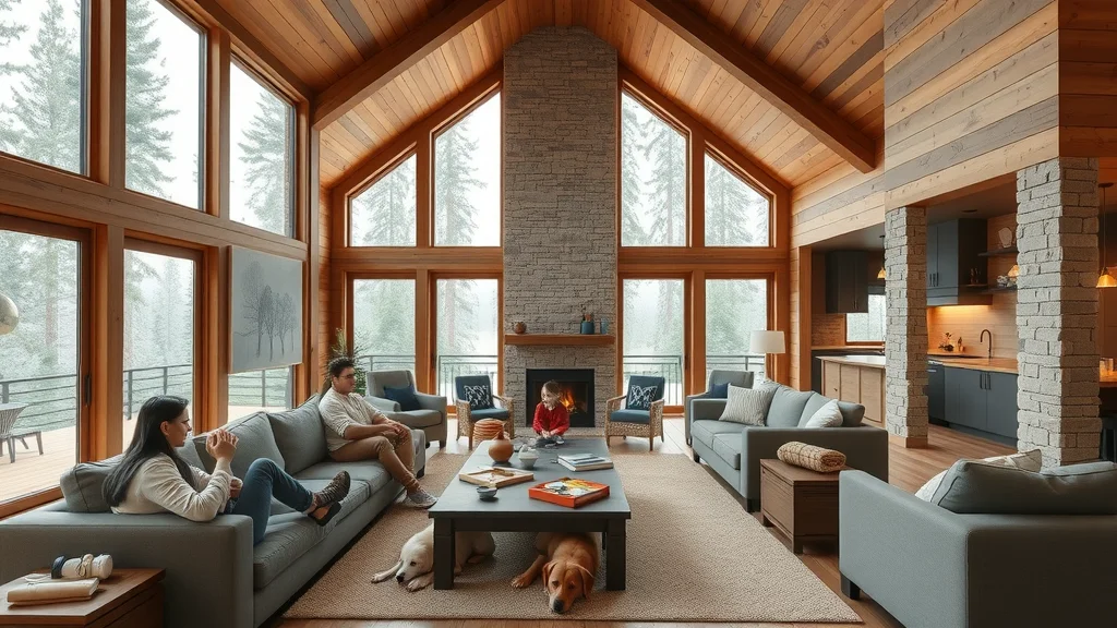 Modern spacious resort lodge interior—a large open living space with big windows, cozy sofas, fireplace, children’s toys, board games, and a dog napping by the hearth, families talking at the kitchen, representing comfort and connection in branson reunion lodges