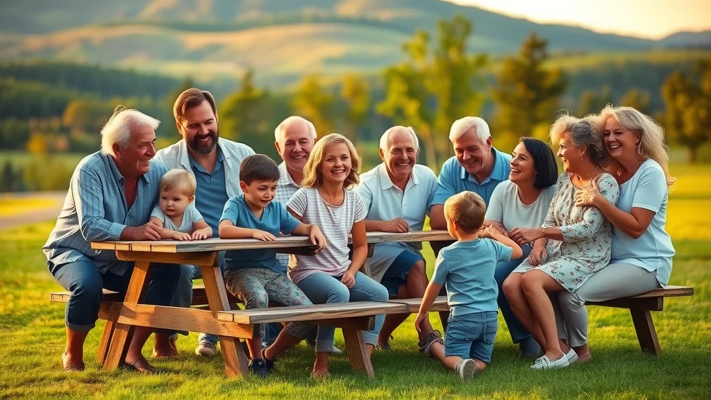 Cheerful multi-generational family group enjoying time together outdoors at a Branson Ozarks resort, laughing and playing on a lush green lawn with scenic hills in the background, picnic tables, children playing, and adults embracing, captured with vibrant colors and sharp details during golden hour for a family reunion planning at branson resorts