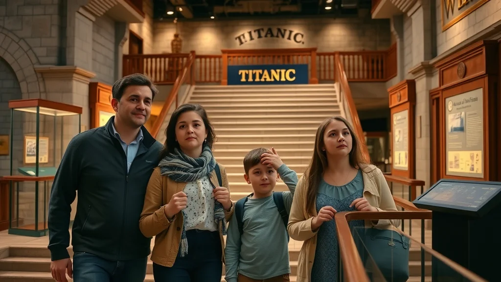 Family explores interactive exhibits at Titanic Museum Branson, including grand staircase and historical artifacts