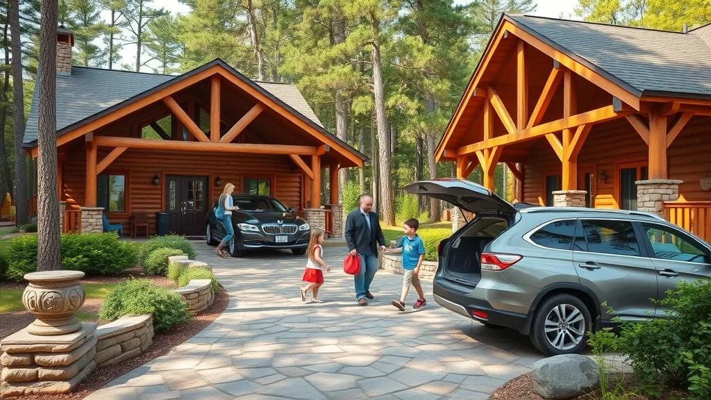 Inviting Branson resort exteriors with rustic cabins and modern lodges set in the forested Ozarks, featuring families checking in, people unloading cars, stone pathways, welcoming porches, and playful children — a perfect large group arrival for family reunions at branson resorts