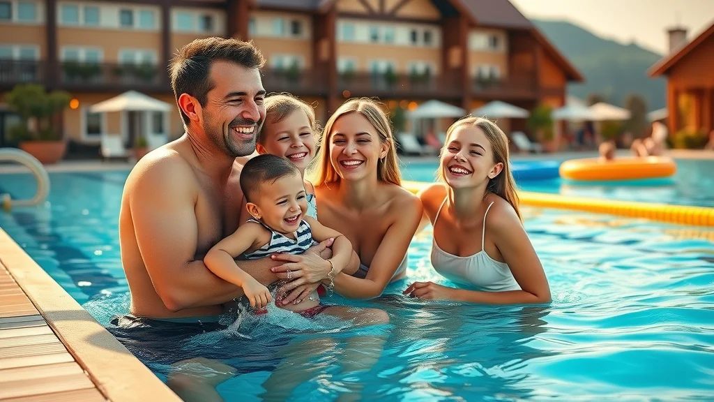 joyful family making poolside memories at Bavarian Village, Branson Missouri, resort pool safety tips for families