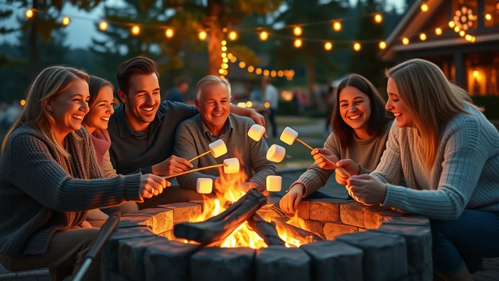 Cozy evening family tradition at Bavarian Village Resort for large family getaways with fire pit and marshmallows