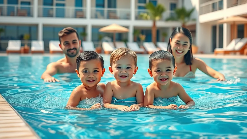 family-friendly resort pool with smiling children and parents enjoying the water, Bavarian Village, Branson Missouri, resort pool safety tips for families