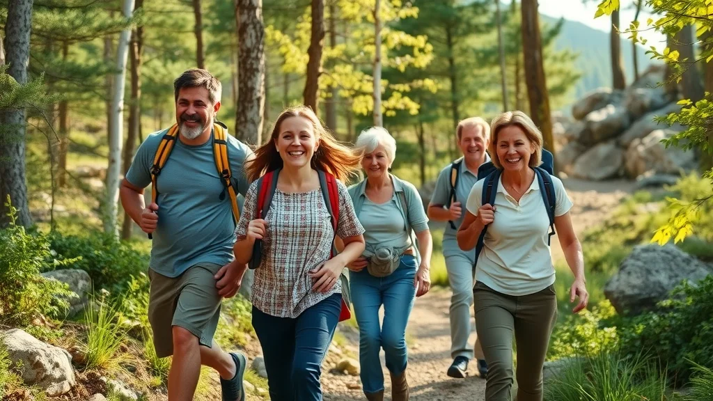 Multigenerational family hiking along Ozark Mountain trail near Branson Woods, surrounded by lush forest and rocky scenery.
