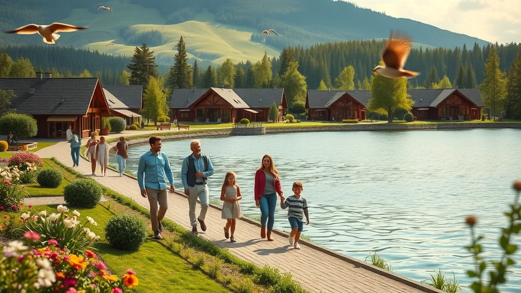 Idyllic Bavarian-style lakeside resort with families enjoying the scenic Table Rock Lake at Bavarian Village Resort