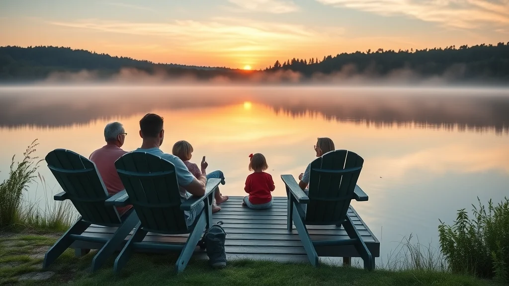 Serene lakeside at dawn with family on dock at Bavarian Village Resort near Table Rock Lake