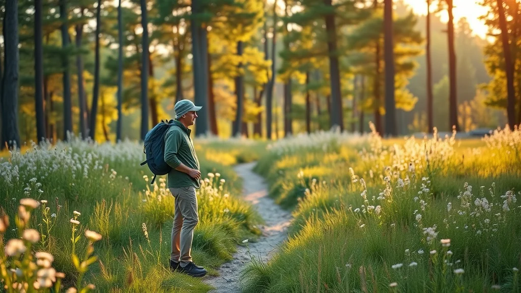 Serene single hiker paused amidst blooming wildflowers on a quiet Ozark trail, Chinquapin Trail, peaceful hiking trail near Branson