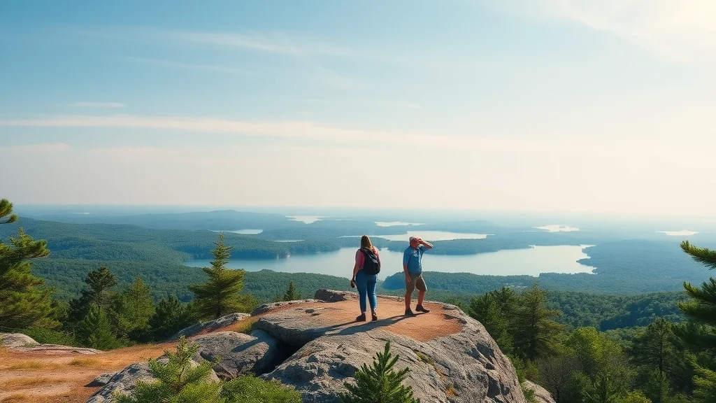 Inviting panoramic view of Branson hiking trails with Table Rock Lake in the distance, family-friendly hiking, Bavarian Village nearby, Ozark woodland, photorealistic