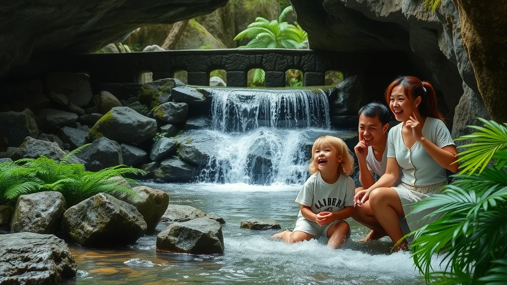 Playful children and parents near a small forest waterfall and stone bridge, Waterfall Trail, Lakeside Forest, Branson hiking family
