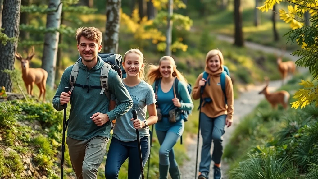 Active family with teens on a challenging woodland trail, White River Valley Trail, Branson, hiking and wildlife, Ozark forest, trekking gear